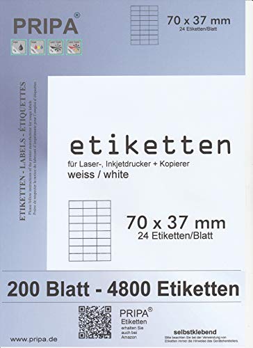 pripa Etiketten 70 x 37 mm, 200 Blatt DIN A4 Selbstklebende Etiketten. 24 Etiketten pro Bogen - 3 Spalten - 8 Reihen von pripa