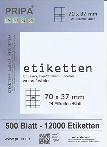 pripa Etiketten 70 x 37 mm, 500 Blatt DIN A4 Selbstklebende Etiketten. 24 Etiketten pro Bogen - 3 Spalten - 8 Reihen - 12000 Etiketten von pripa