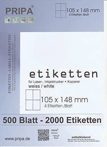 pripa Etikettenformat 105 x 148 mm, 500 Blatt Großpackung DIN A4 selbstklebende Etiketten. 4 Etiketten pro Bogen (500) von pripa