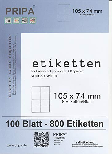 pripa Etikettenformat 105 x 74 mm - 100 Blatt / A4 selbstklebende Etiketten. Der Bogen ist aufgeteilt in 8 Etiketten = 2 Spalten je 4 Reihen von pripa