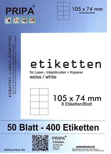 pripa Etikettenformat 105 x 74 mm 50 Blatt DIN A4 selbstklebende Etiketten. Der Bogen ist aufgeteilt in 8 Etiketten = 2 Spalten je 4 Reihen (50) von pripa