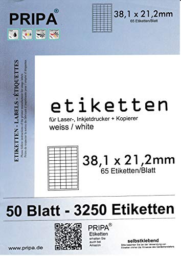 pripa Etikettenformat 38 x 21,2 mm 50 Blatt DIN A4 Selbstklebende Etiketten (50) von pripa