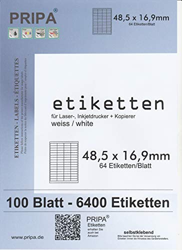 pripa Etikettenformat 48,5 x 16,9 mm 100 Blatt DIN A4 selbstklebende Etiketten 6400 Etiketten (100) von pripa