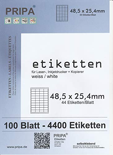 pripa Etikettenformat 48,5 x 25,4 mm 100 Blatt DIN A4 Selbstklebende Etiketten von pripa