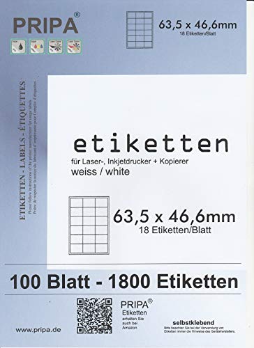 pripa Etikettenformat 63,5 x 46,6 mm, 100 Blatt DIN A4 Selbstklebende Etiketten von pripa