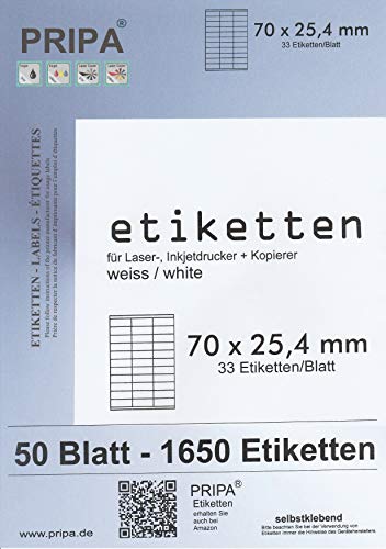 pripa Etikettenformat 70 x 25,4 mm, 50 Blatt DIN A4 Selbstklebende Etiketten (50) von pripa