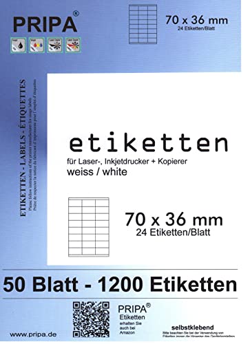 pripa Etikettenformat 70 x 36 mm 50 Blatt DIN A4 Selbstklebende Etiketten, geeignet Fuer FBA von pripa