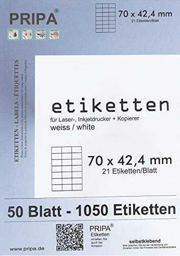 pripa Etikettenformat 70 x 42,4 mm 50 Blatt DIN A4 Selbstklebende Etiketten (50) von pripa
