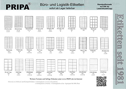 pripa Etikettenformat 70 x 42,4 mm 500 Blatt DIN A4 Selbstklebende Etiketten (500) von pripa