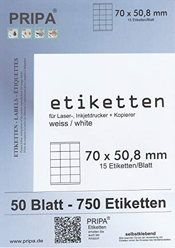 pripa Etikettenformat 70 x 50,8 mm, 50 Blatt DIN A4 Selbstklebende Etiketten (50a) von pripa