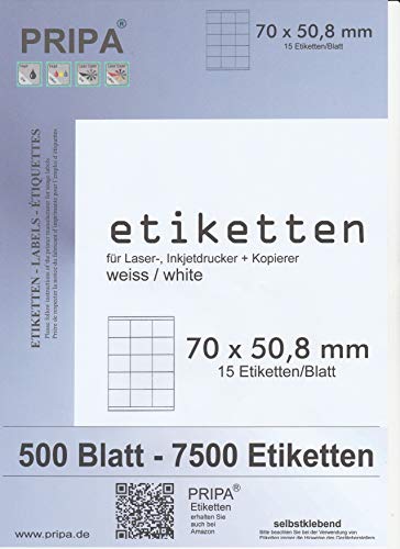 pripa Etikettenformat 70 x 50,8 mm, 500 Blatt DIN A4 Selbstklebende Etiketten (500) von pripa
