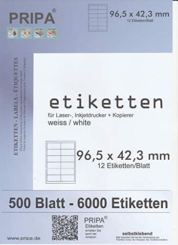 pripa Etikettenformat 96,5 x 42,3 mm 500 Blatt Großpackung A4 - selbstkelbende bedruckbare Etiketten (500) von pripa