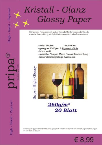 pripa KRISTALL GLANZ 20 Blatt Fotopapier DIN A4 260g - High Glossy glanz, Fotopapier mit großer Tiefendichte Schwarztondichte - ausgezeichnetes Farbspektrum, fuer InkJet Drucker - sehr gut für Pigment-Tinte geeignet von pripa