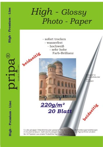 pripa beidseitig 20 Blatt Fotopapier Photopapier A4, 220g - beidseitig Glossy glaenzend - sofort trocken - wasserfest - hochweiß - sehr hohe Farbbrillianz Fuer Inkjet – Tintenstrahl Drucker von pripa