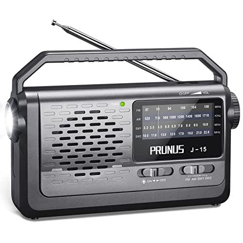 PRUNUS J-15 Kofferradio Weltempfänger Radio UKW/FM/AM/SW, Tragbares Radio Batteriebetrieben oder mit AC-Strom, Radio Klein mit Kabel, 3W Großem Lautsprecher, Taschenlampe für Notfälle. von prunus