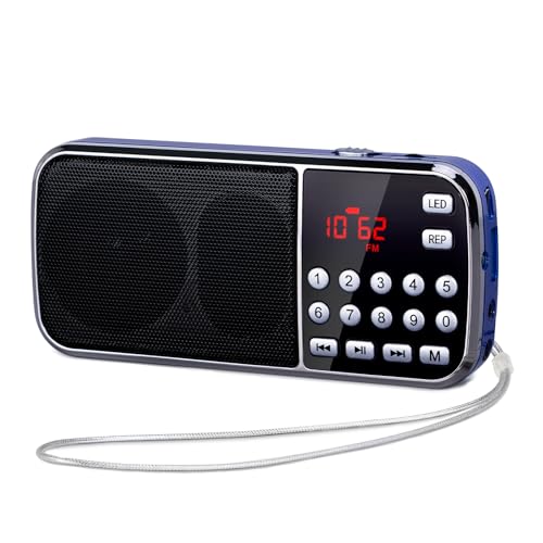 PRUNUS J-189 FM/UKW Kleines Radio mit Bluetooth, Kofferradio mit Heavy Bass Lautsprechern, TF/USB/AUX-Player, Digital Radio mit Akku Wiederaufladbare, LED-Taschenlampe(Blau) von prunus