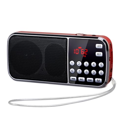 PRUNUS J-189 FM/UKW Kleines Radio mit Bluetooth, Kofferradio mit Heavy Bass Lautsprechern, TF/USB/AUX-Player, Digital Radio mit Akku Wiederaufladbare, LED-Taschenlampe(Rot) von prunus