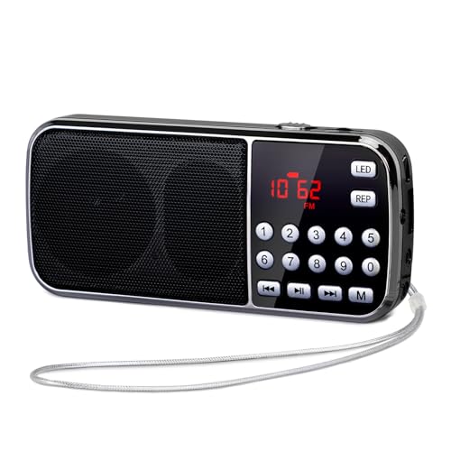 PRUNUS J-189 FM/UKW Kleines Radio mit Bluetooth, Kofferradio mit Heavy Bass Lautsprechern, TF/USB/AUX-Player, Digital Radio mit Akku Wiederaufladbare, LED-Taschenlampe(Schwarz) von prunus