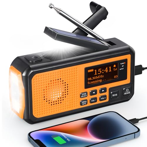 PRUNUS J-367 Kurbelradio DAB/UKW, Notfallradio mit 5000mAh Akku, DAB Plus Radio Batteriebetrieben, Bluetooth Radio Kurbel Notfall mit Taschenlampe&Leselicht/SOS Alarm für Ourdoor, Blackout, Notfall. von prunus