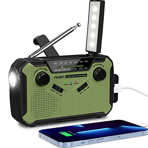 PRUNUS J-369 Kurbelradio FM/AM Radio Batteriebetrieben, Solar Radio Kurbel Notfall mit 3000mAh Power Bank, Notfallradio mit SOS Alarm/Taschenlampe&Leselampe für Camping, Ourdoor, Notfall[Grün] von prunus