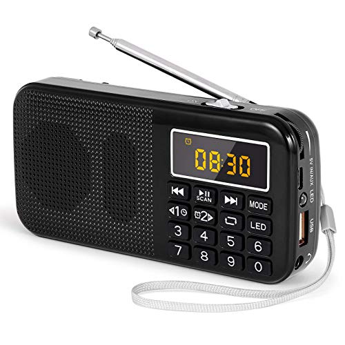 PRUNUS J-725 FM UKW Radio Klein, Digital Radio mit 3000mAh Wiederaufladbare Batterie, Kofferradio Tragbares Radio Wecker, USB/SD/TF/AUX-Player, Akku Radio mit Notlicht.(Schwarz) von prunus
