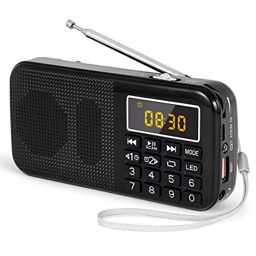 PRUNUS J-725 FM UKW Radio Klein, Digital Radio mit 3000mAh Wiederaufladbare Batterie, Kofferradio Tragbares Radios Wecker, USB/SD/TF/AUX-Player, Akku Radio mit Notlicht.(Schwarz) von prunus