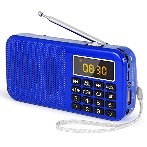 PRUNUS J-725 FM UKW Radio Klein, Digital Radios Wecker, Radio Batteriebetrieben mit 3000mAh Wiederaufladbare Batterie, USB/SD/TF/AUX-Player, Kofferradio mit Notlicht.(Blau) von prunus