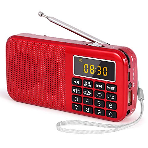 PRUNUS J-725 FM UKW Radio Klein, Kofferradio Tragbares Radio Wecker, Radio Batteriebetrieben mit 3000mAh Wiederaufladbare Batterie, USB/SD/TF/AUX-Player, Digital Radio mit Notlicht.(Rot) von prunus
