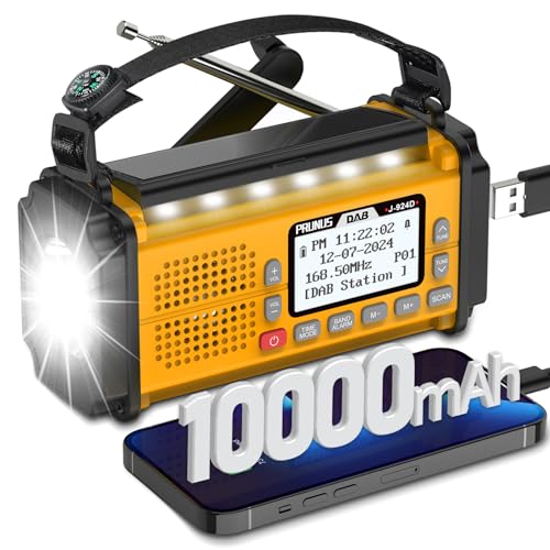 PRUNUS J-924 Digital Radio DAB+/UKW, Kurbelradio Notfall mit 10000mAh Akku, DAB Radio mit Bluetooth, Notfallradio mit Taschenlampe/SOS Alarm/Handyladefunktion für Ourdoor, Notfall. (Gelb) von prunus