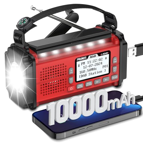 PRUNUS J-924 Digital Radio DAB+/UKW, Kurbelradio Notfall mit 10000mAh Akku, DAB Radio mit Bluetooth, Notfallradio mit Taschenlampe/SOS Alarm/Handyladefunktion für Ourdoor, Blackout, Notfall.(Rot) von prunus