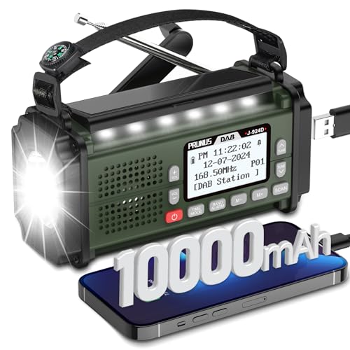 PRUNUS J-924 Digital Radio DAB+/UKW, Kurbelradio Notfall mit 10000mAh Akku, DAB Radio mit Bluetooth, Notfallradio mit Taschenlampe/SOS Alarm/Handyladefunktion für Ourdoor, Notfall. (Grün) von prunus