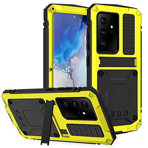 qichenlu 2 Meter Stoßfest Gelb Note 20 Ultra 5G Rundumschutz Case,mit Displayschutz Ständer Metall hybrid Silikon Gehäuse Wasserabweisend Hülle für Samsung Galaxy Note 20 Ultra 5G von qichenlu