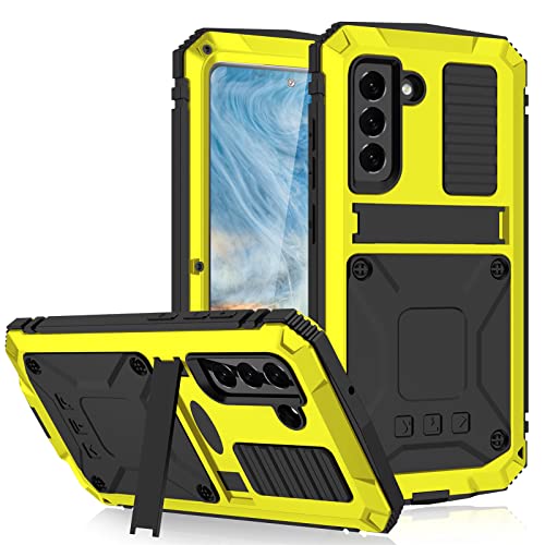 qichenlu 2 Meter Stoßfest Gelb Rundumschutz Case für Samsung Galaxy S22 Plus,mit Displayschutz Ständer Metall hybrid SIlikon Gehäuse Wasserabweisende Hülle von qichenlu