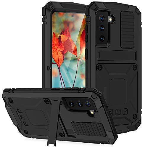 qichenlu 2 Meter Stoßfest Schwarz Rundumschutz Case für S21 Plus,mit Displayschutz Ständer Metall hybrid Silikon Gehäuse Wasserabweisende Hülle für Samsung Galaxy S21 Plus von qichenlu