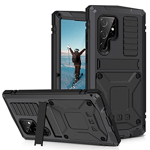 qichenlu 2 Meter Stoßfest Schwarz Rundumschutz Case für S23 Ultra,mit Displayschutz Ständer Metall hybrid SIlikon Gehäuse Wasserabweisende Hülle für Samsung Galaxy S23 Ultra von qichenlu