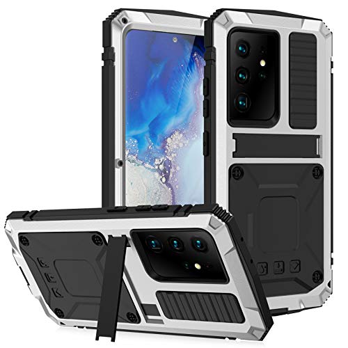 qichenlu 2 Meter Stoßfest Silber Note 20 Ultra 5G Rundumschutz Case,mit Displayschutz Ständer Metall hybrid Silikon Gehäuse Wasserabweisend Hülle für Samsung Galaxy Note 20 Ultra 5G von qichenlu