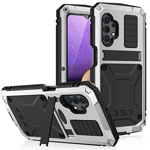 qichenlu 2 Meter Stoßfest Silber Rundumschutz Case für Samsung Galaxy A32 5G,mit Displayschutz Ständer Metall hybrid Silikon Gehäuse Wasserabweisende Hülle von qichenlu