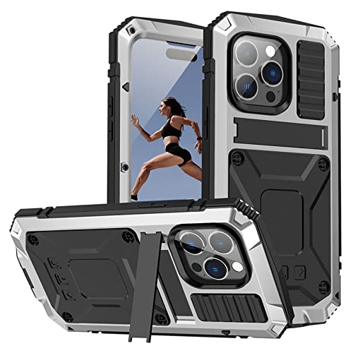 qichenlu 2 Meter Stoßfest Silber Rundumschutz Case kompatibel mit iPhone 14 Pro Max,mit Displayschutz Ständer Metall hybrid SIlikon Gehäuse Wasserabweisende Hülle kompatibel mit iPhone 14 Pro Max von qichenlu