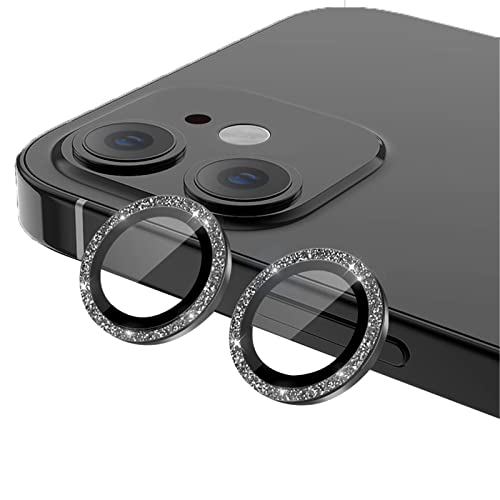 qichenlu 4 Stück・2 Sets Kamera Linsen Glas mit Aluminium Rand kompatibel mit iPhone 12 / iPhone 12 Mini,Einzeln Linsenabdeckung Metall Rahmen (Funkeln Schwarz) Hinten Kamera Schutzfolie von qichenlu