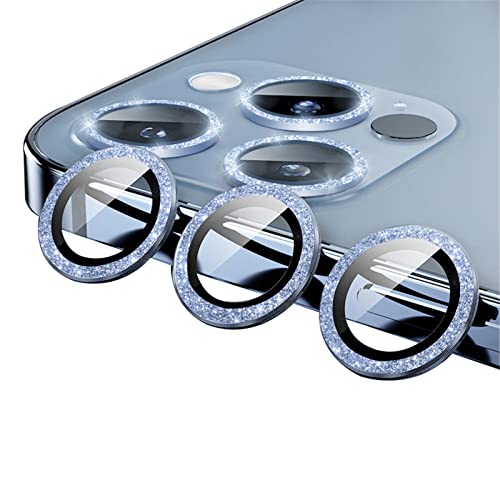 qichenlu 6 Stück・2 Sets Kamera Linsen Glas mit Aluminium Rand kompatibel mit iPhone 13 Pro/iPhone 13 Pro Max,Einzeln Linsenabdeckung Metall Rahmen (Funkeln Blau) Hinten Kamera Schutzfolie von qichenlu