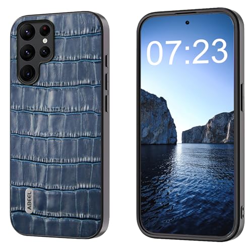 qichenlu Echtleder Backcover,【Geprägtes Krokodil Muster, Robustes Rindsleder】 Stoßfest Rand Ecken Schutz Ledercase Tasche Handy Hülle für Samsung Galaxy S23 Ultra,Blau von qichenlu