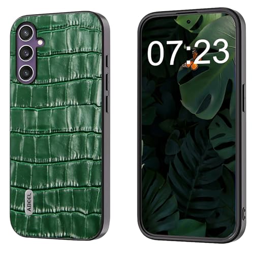 qichenlu Echtleder Backcover für Samsung Galaxy S24 FE,【Geprägtes Krokodil Muster,Robustes Rindsleder】 Stoßfest Rand Ecken Schutz Ledercase Tasche Handy Hülle,Grün von qichenlu