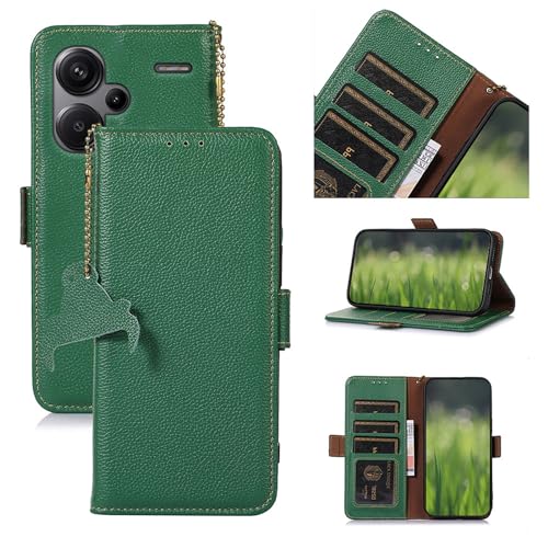 qichenlu Echtleder Handyhülle mit RFID Schutz für Xiaomi Redmi Note 13 Pro Plus+ 5G,Magnet Flip Cover mit Ständer Kartenfächer Fotorahmen Robustes Rindsleder Tasche Klapphülle Book Wallet Case,Grün von qichenlu