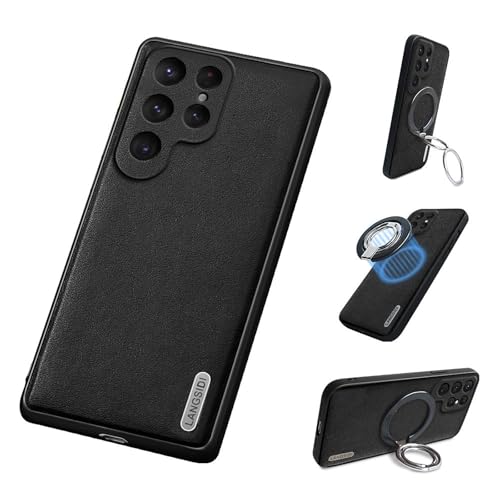 qichenlu Echtleder Magnetische Handyhülle kompatibel mit MagSafe Hülle für Samsung Galaxy S24 Ultra,Abnehmbar Fingerhalter Ständer Case Auto Handyhalterung MagSafe Ledercase,Nappa Schwarz von qichenlu