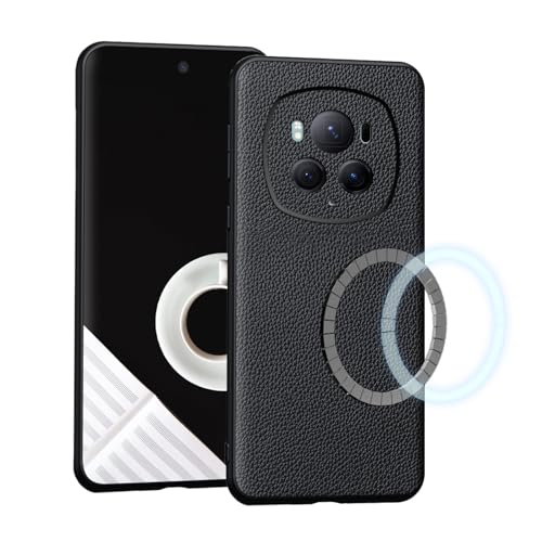 qichenlu Echtleder Magnetische Hülle kompatibel mit MagSafe für Honor Magic 6 Pro 5G,MagSafe Laden unterstützt,Auto Magnet Handyhalterung Ledercase Tasche,Schwarz von qichenlu