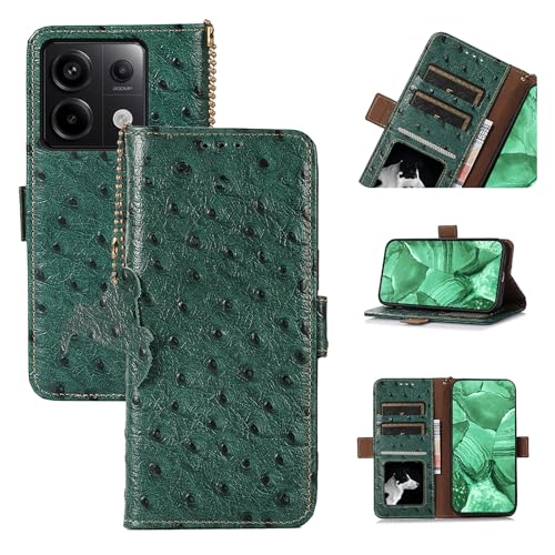 qichenlu Echtleder RFID Schutz Hülle für Xiaomi Redmi Note 13 5G,Magnet Ständer Cover Wallet Case mit Fotorahmen Klapphülle,Strauß Tiermuster Grün von qichenlu