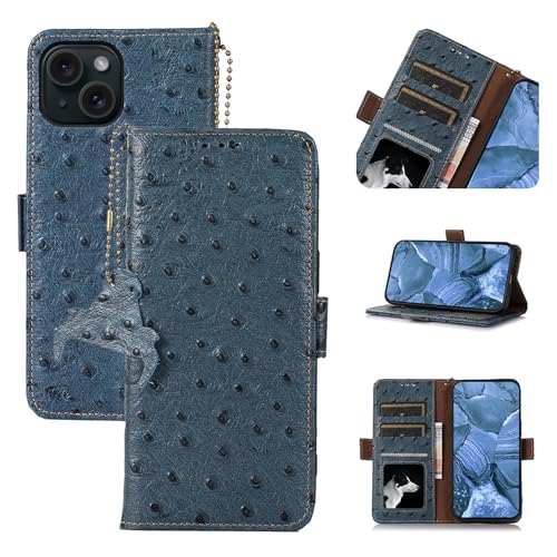qichenlu Echtleder RFID Schutz Hülle kompatibel mit iPhone 15,Magnet Ständer Cover Wallet Case mit Fotorahmen Kartenhalter Klapphülle Strauß Tiermuster,Blau qichenlu Echtleder RFID Schutz Hülle kompatibel mit iPhone 15,Magnet Ständer Cover Wallet Case mit Fotorahmen Kartenhalter Klapphülle Strauß Tiermuster,Blau von qichenlu