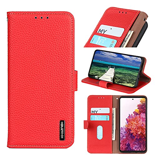 qichenlu Echtleder Tasche für A52 5G,【Standing Cover,Magnetverschluss】 Rot Echtleder Klapphülle Flip Cover Book Wallet Case mit Kartenfächer für Samsung Galaxy A52 5G von qichenlu