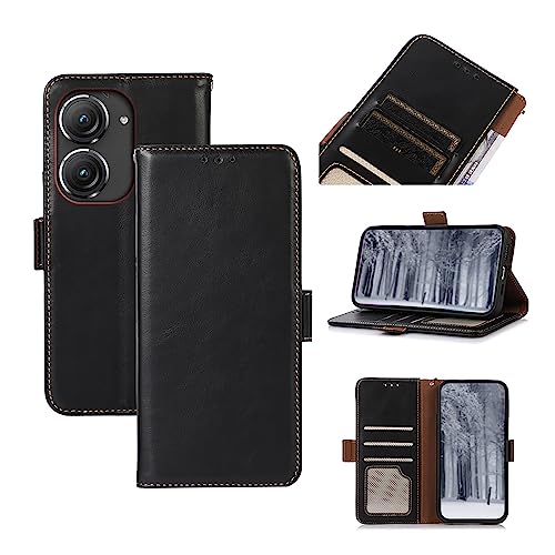 qichenlu Echtleder Tasche für ASUS Zenfone 10,【Standing Cover,Magnetverschluss,RFID-Sperre】 Retro Schwarz-mit Fotorahmen Echtleder Klapphülle Geldbörse von qichenlu