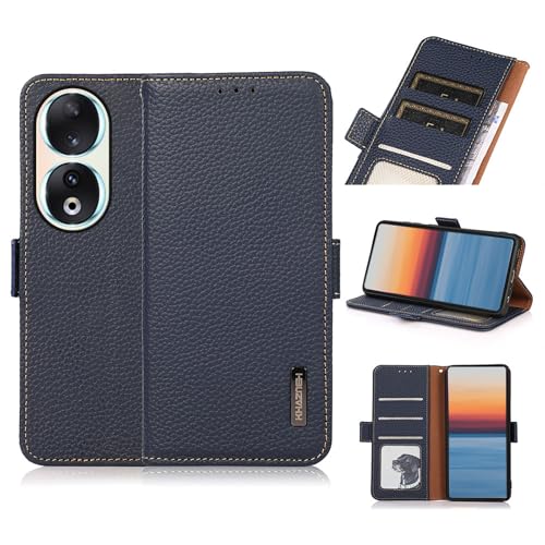 qichenlu Echtleder Tasche für Honor Honor 90 5G,【Standing Cover,Magnetverschluss】 Navy Blau-mit Fotorahmen Echtleder Klapphülle Book Wallet Case Geldbörse mit Kartenfächer von qichenlu